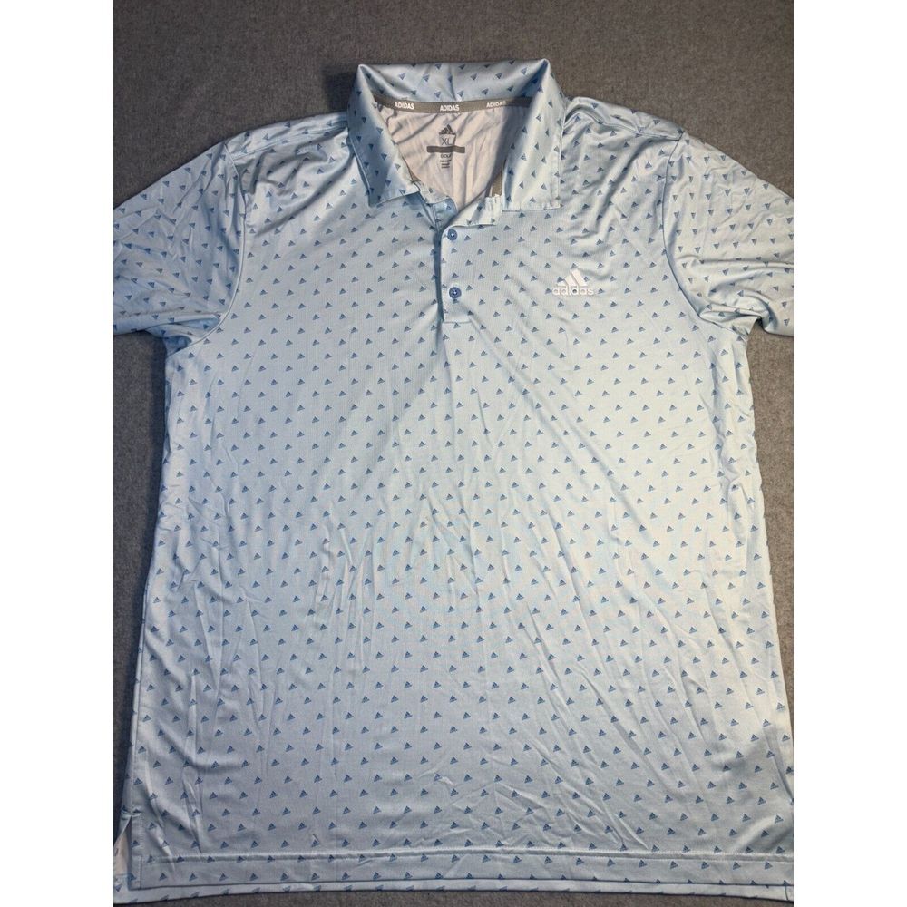 adidas Polo Shirt Mens XL Blue Signature Print Short Sleeve Slit Logo Collared